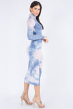 Blue turtleneck tie dye bodycon long sleeve dress The Wardrobe Collection Company