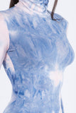 Blue turtleneck tie dye bodycon long sleeve dress The Wardrobe Collection Company