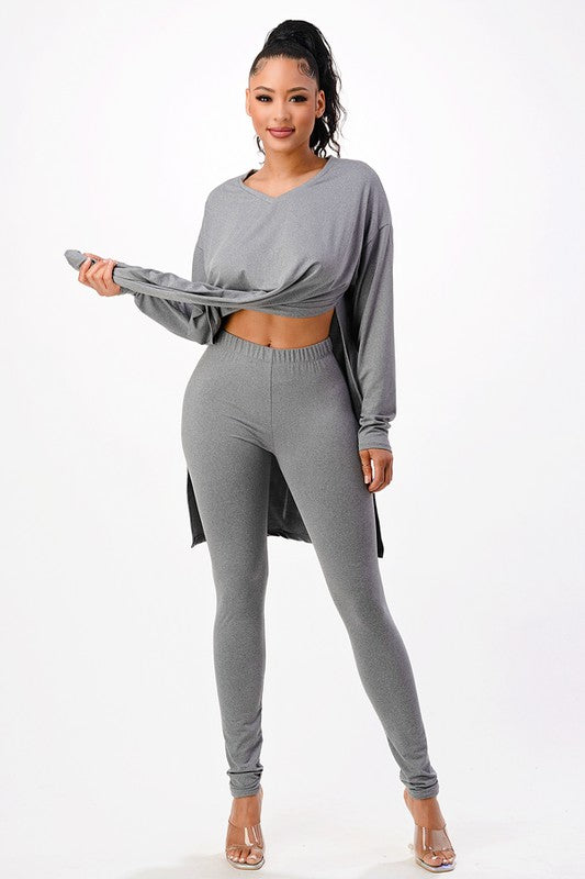 Grey Oversized Side Split V-neck LS Shirt with Legging Set