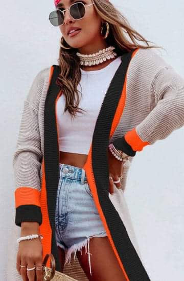 Color Block Longline Cardigan (Black & Orange)