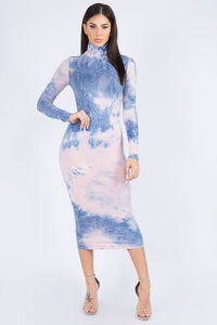 Blue turtleneck tie dye bodycon long sleeve dress The Wardrobe Collection Company