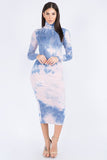 Blue turtleneck tie dye bodycon long sleeve dress The Wardrobe Collection Company