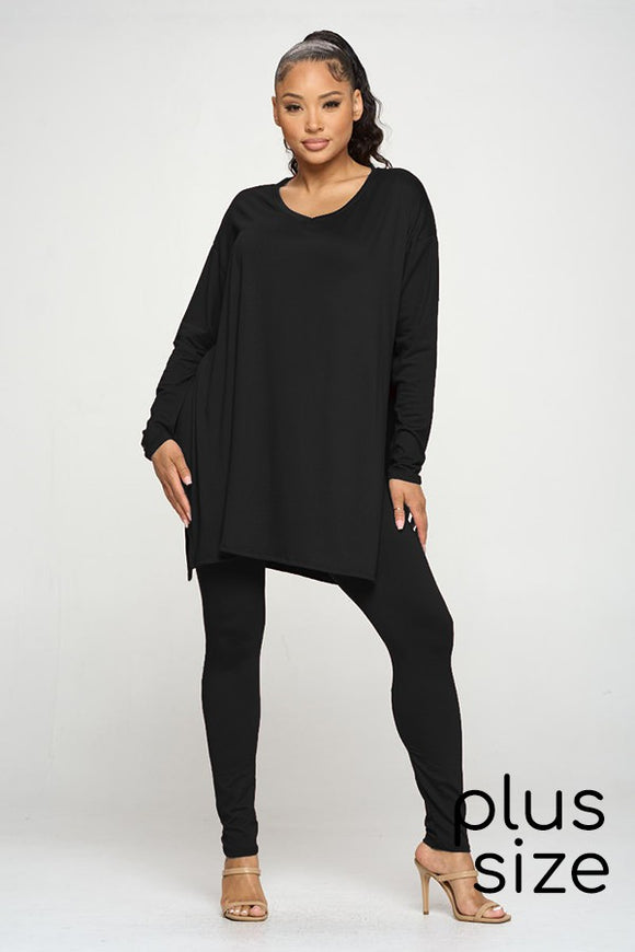 Oversized Side Split V-neck LS Shirt with Legging Set